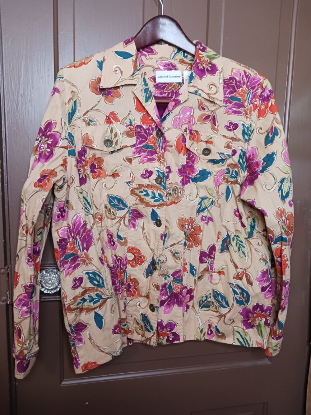 ALFRED DUNNER Women's Tan Flowered Lined Blazer Jacket size 16